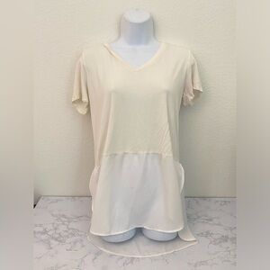 Premise Short Sleeve Semi Sheet Tunic Top Womens S Cream Pullover V Neck…​